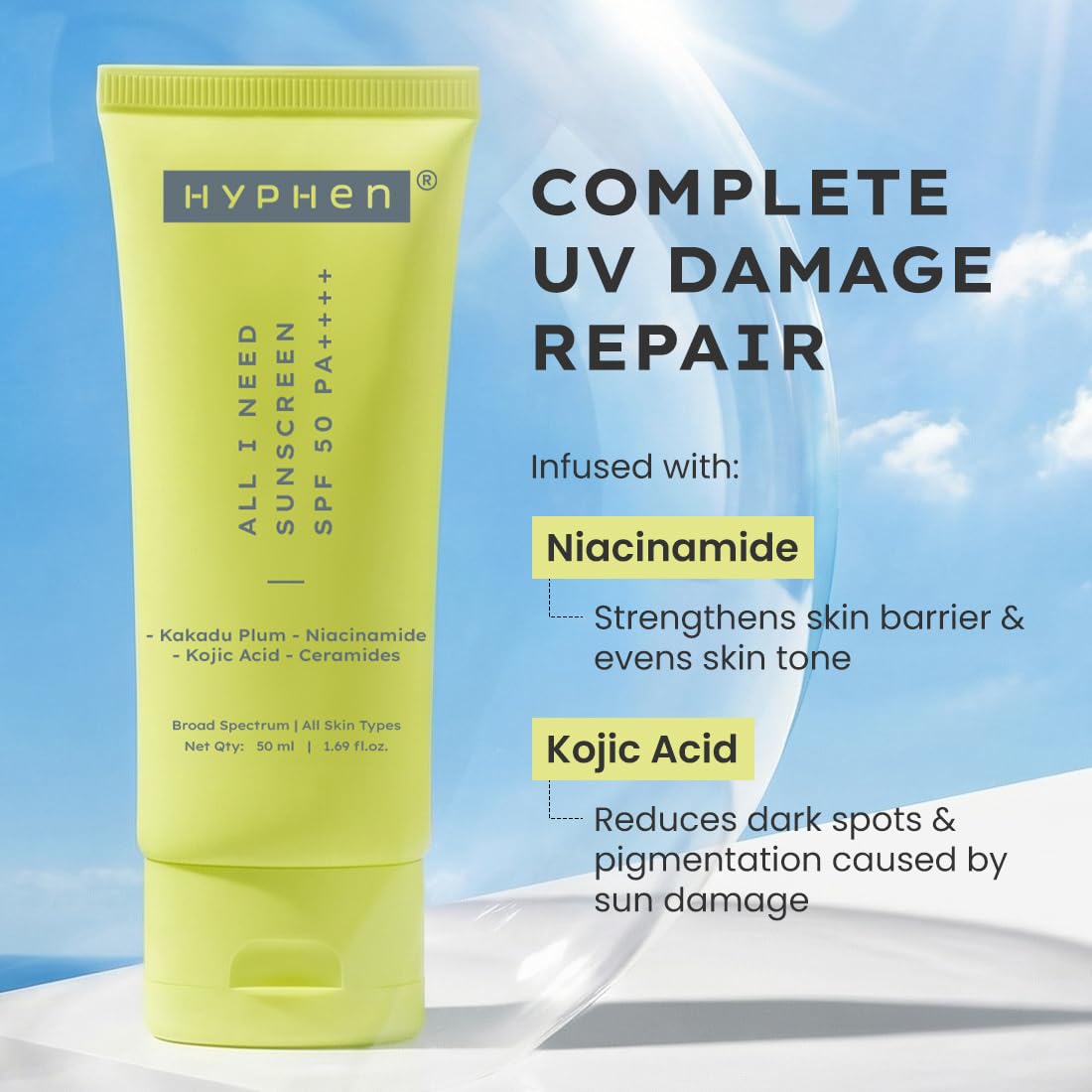 Hyphen All I Need Sunscreen SPF 50 PA++++ | No White Cast | In Vivo Tested | Brightens with Niacinamide, Kojic Acid & Vitamin C Rich Kakadu Plum | Hydrating Lightweight Non-Greasy UVA/UVB Protection | For Oily, Dry & All Skin Types | Women & Men | 50ml