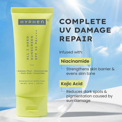 Hyphen All I Need Sunscreen SPF 50 PA++++ | No White Cast | In Vivo Tested | Brightens with Niacinamide, Kojic Acid & Vitamin C Rich Kakadu Plum | Hydrating Lightweight Non-Greasy UVA/UVB Protection | For Oily, Dry & All Skin Types | Women & Men | 50ml