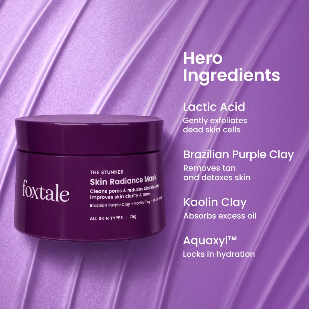 Foxtale De-Tan Face Mask for Glowing Skin | Clay Mask with Lactic Acid for Tan Removal, Reduction in Blackheads, Instant Brightening | 75g