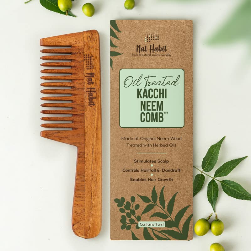 Nat Habit Kacchi Neem Wooden Comb, Soaked In 17 Herbs, Neem & Sesame Oil For Multi-Actions - Detangling, Frizz Control & Shine Suited For All Hair Types (Wide Tooth)