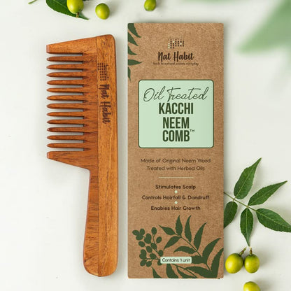 Nat Habit Kacchi Neem Wooden Comb, Soaked In 17 Herbs, Neem & Sesame Oil For Multi-Actions - Detangling, Frizz Control & Shine Suited For All Hair Types (Wide Tooth)
