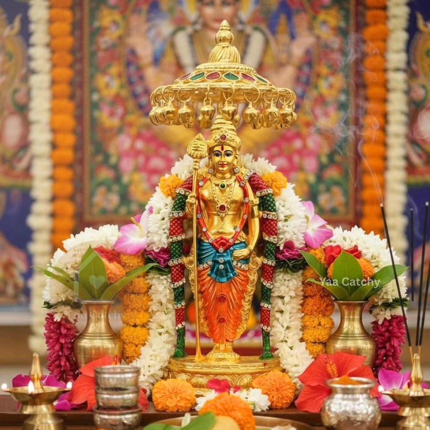 Lord Murugan to Your Car Dashboard Golden Idol with Crystal Stones Pooja & Office Hindu God Kartikeya ensuring a Blessed and Protected Journey. (Umbrella Murugan)