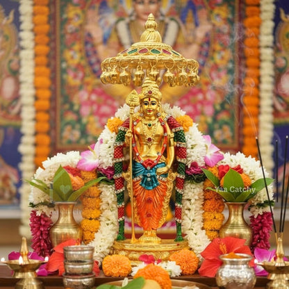 Lord Murugan to Your Car Dashboard Golden Idol with Crystal Stones Pooja & Office Hindu God Kartikeya ensuring a Blessed and Protected Journey. (Umbrella Murugan)