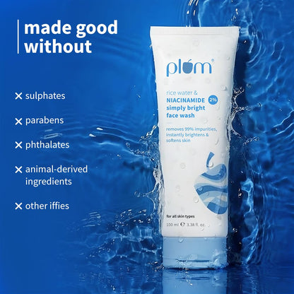 Plum 2% Niacinamide & Rice Water Face Wash | Hydrates & Brightens Skin | Softens & Smoothens Skin | Gentle & Non-Drying | Gently Cleanses 99% pore clogging impurities | Women & Men | 100ml