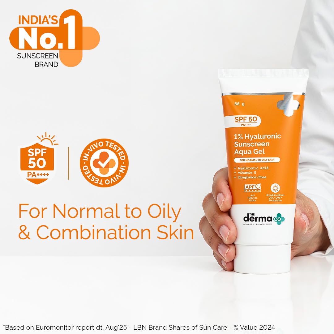 The Derma Co 1% Hyaluronic Sunscreen Aqua Gel SPF 50 PA++++ | Hydrating, Lightweight & Non-Greasy | No White Cast | Broad Spectrum & Blue Light Protection | 80 g