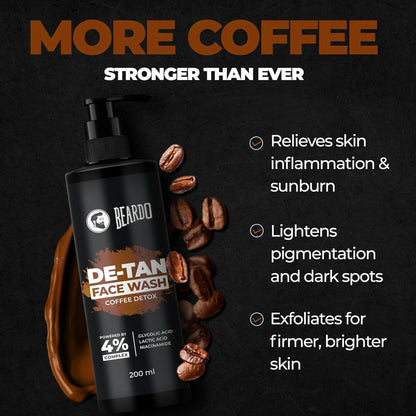BEARDO DeTan Face Wash for Men, 100ml | Glycolic Acid,Niacinamide & Coffee | Helps to Reduce Tan,Reduce Dark Sports & Pigmentation | Exfoliates & Hydrates for Smooth & Oil Free Skin
