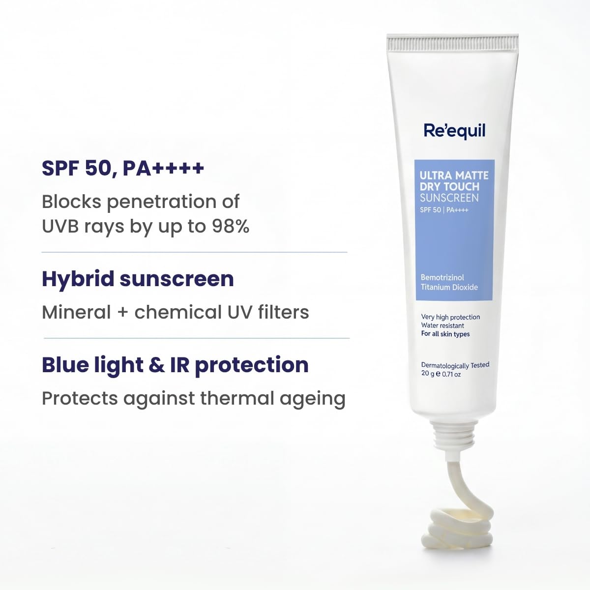 Re' Equil Ultra Matte Dry Touch Sunscreen Gel Spf 50 Pa++++, Water Resistant With Zinc Oxide And Titanium Dioxide 20G