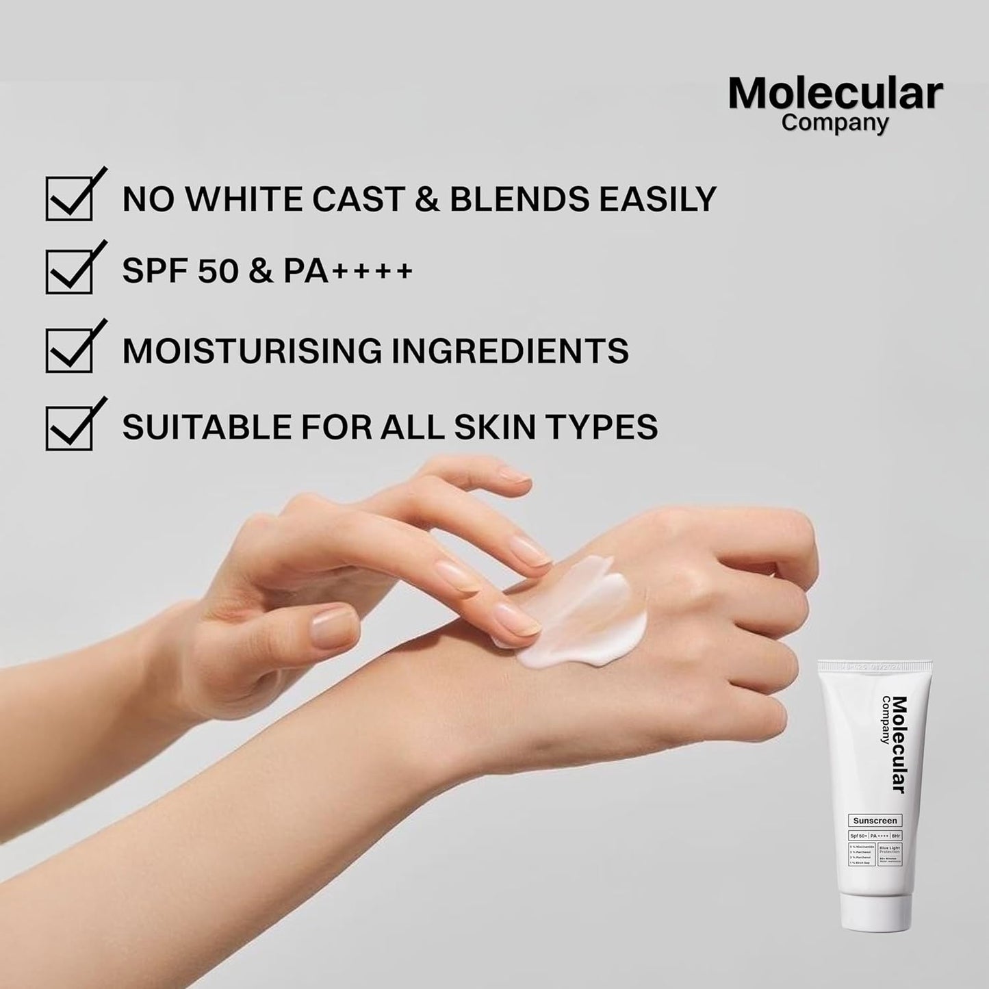 Molecular Company SPF 50+ Pa++++ | 5% Niacinamide | 3% Panthenol ( 2x More Hydrating than Hyaluronic Acid ) | 3% Lecorice 1% Birch Sap l Moisturising Gel Sunscreen ,For Oily, Dry, Sensitive, Combination, Dull, Acne Prone Skin| 50 G