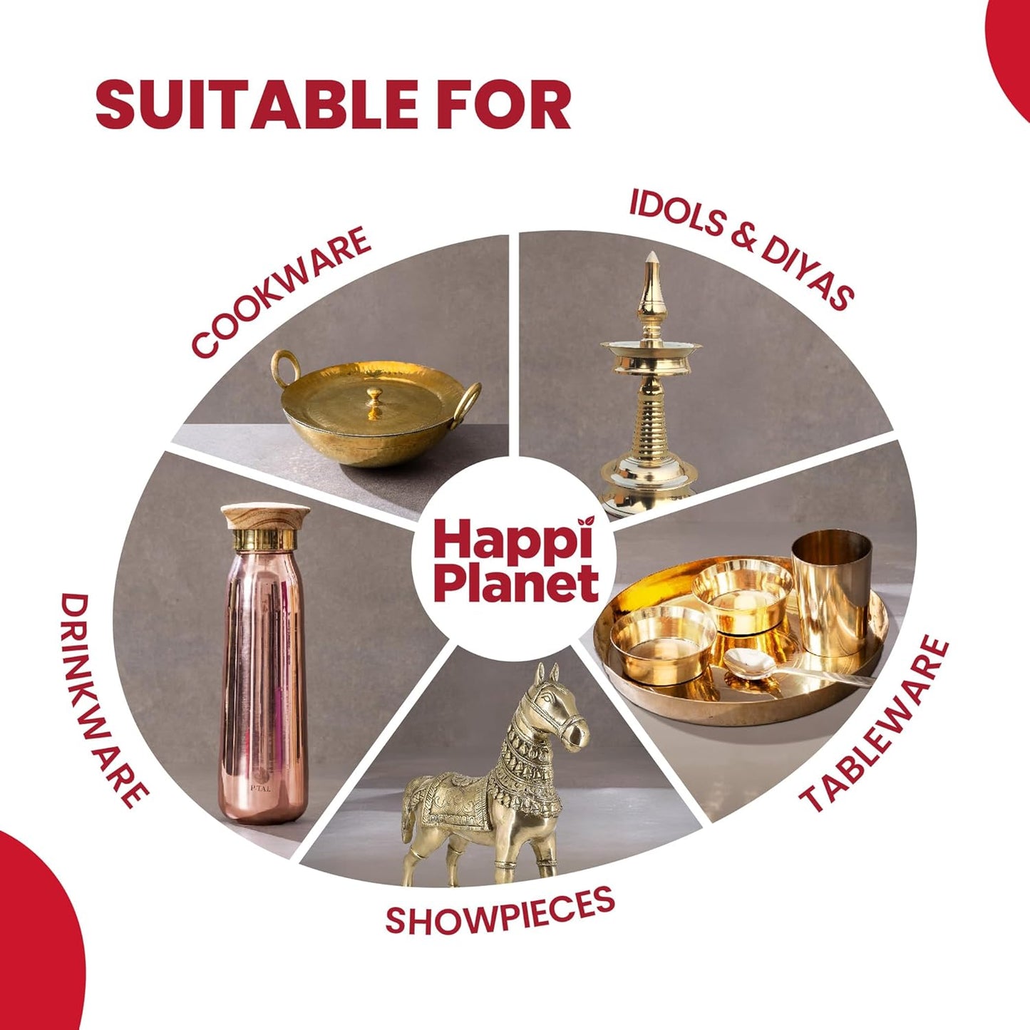 Happi Planet Copper, Bronze & Brass Cleaner | 300 ML | zero Abrasives, zero Scratches | Non-Toxic, Plant Based | Suitable for Drinkware, Cookware, Idols & Diyas | Co- Created with P-TAL