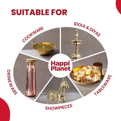 Happi Planet Copper, Bronze & Brass Cleaner | 300 ML | zero Abrasives, zero Scratches | Non-Toxic, Plant Based | Suitable for Drinkware, Cookware, Idols & Diyas | Co- Created with P-TAL