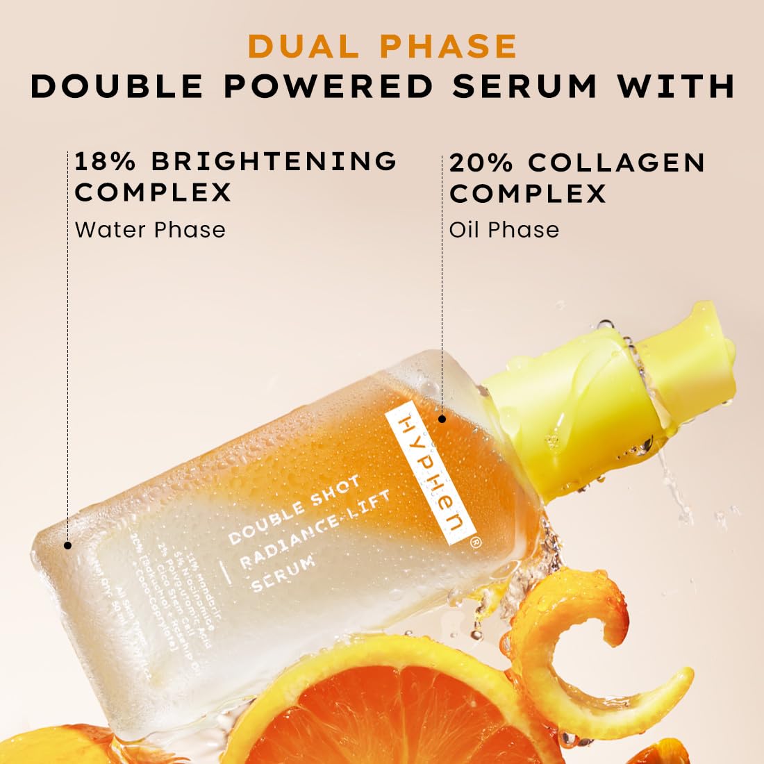 Hyphen 18% Brightening + 20% Collagen Face Serum | Double Shot Serum with 11% Mandarin 5% Niacinamide 2% PGA & Bakuchiol | Winter Skincare | Brightening, Hydrating & Collagen Boost for Dry Skin - 50ml