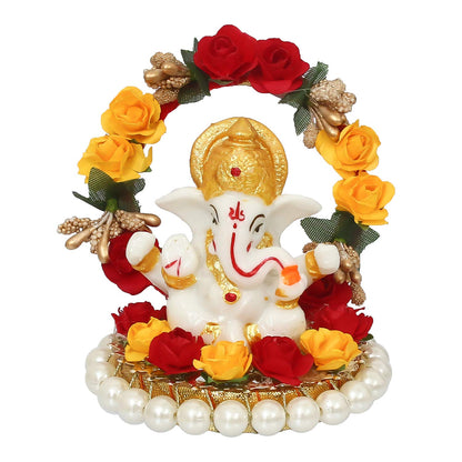 Resin Lord Ganesha Idol On Decorative Rose Flower Plate| Ganesha Idol for Home Decor Car Dashboard| Ganesha Statue| Ganesh Murti| Ganpati Murti God Statue Gift for Diwali Housewarming