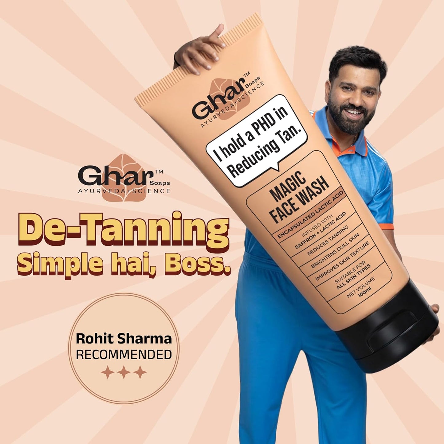 Ghar Soaps Magic De-Tan Face wash With Saffron & Glutathione 100ml | Tan Removal, Brightening and Glowing Skin I For Men & Women (Pack of 1)