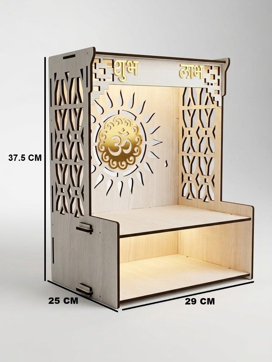 Beautiful Wooden Pooja Stand for Home, Temple, Office, Wall Mounted Puja Mandir with LED Spot Light Size (L- 29 CM, W- 25 CM, H - 37.5 CM)