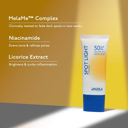 ASAYA Spot Light Depigmenting Sunscreen SPF 50 PA++++ | In-VIVO Tested | Niacinamide + Licorice Extract | Daily Sunscreen For All Skin Types | 50 g