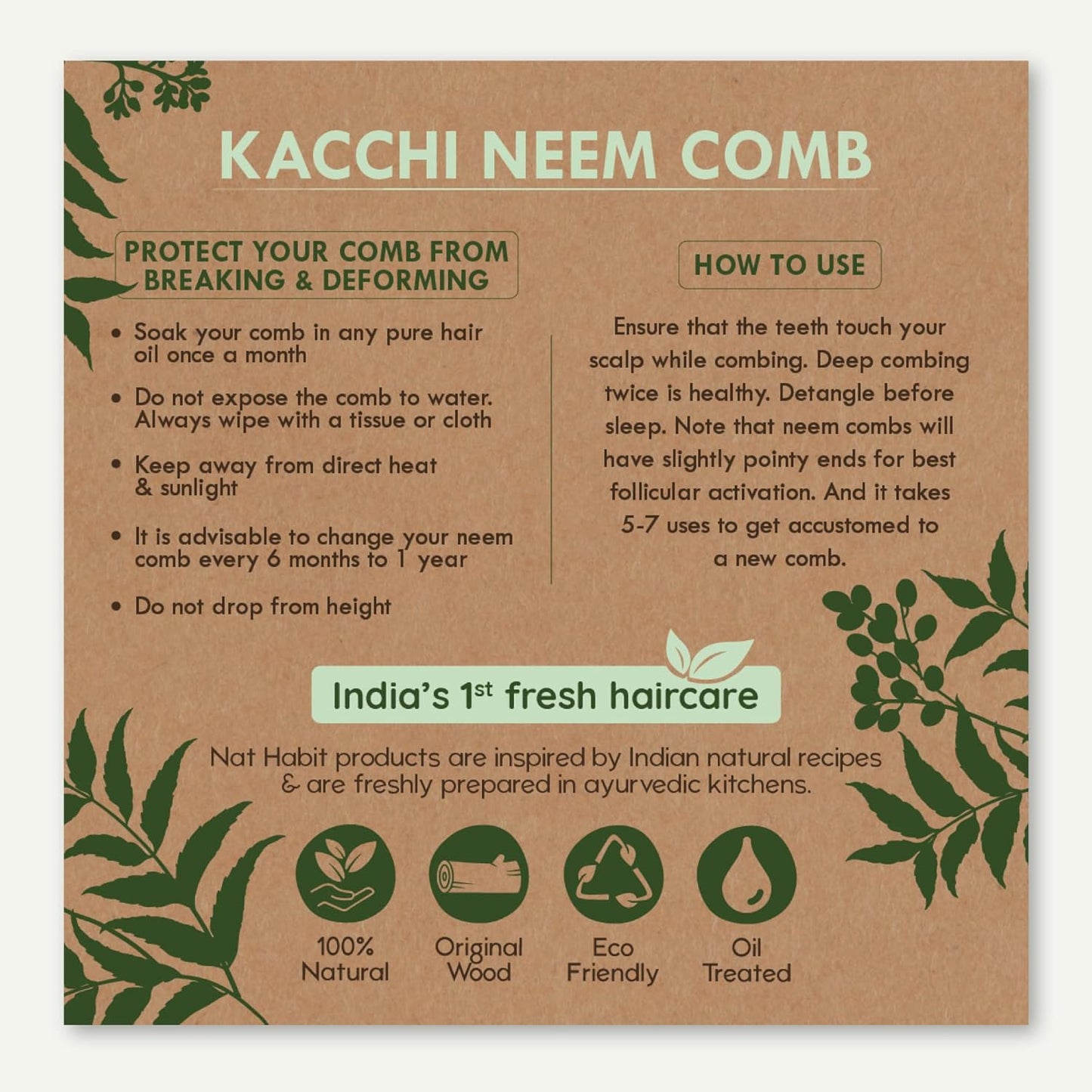 Nat Habit Kacchi Neem Wooden Comb, Soaked In 13 Herbs Neem & Sesame Oil For Multi-Actions - Detangling, Frizz Control & Shine (Dual Tooth & Wide Tooth) Combo Pack of 2