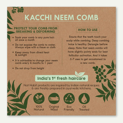 Nat Habit Kacchi Neem Wooden Comb, Soaked In 13 Herbs Neem & Sesame Oil For Multi-Actions - Detangling, Frizz Control & Shine (Dual Tooth & Wide Tooth) Combo Pack of 2