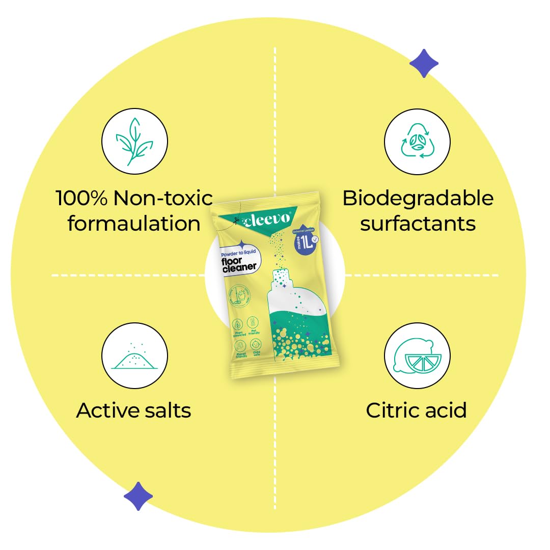 Cleevo Floor Cleaner Liquid (5L Refill Pack) | 1 Pouch = 1L Floor Cleaners for Mops | Chlorine-Free Surface Cleaner, All-Purpose Floor Cleaning Liquid (Zesty Lemon)