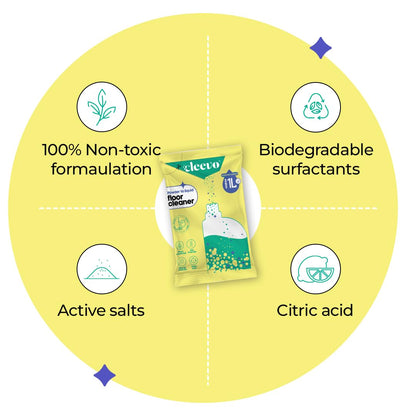 Cleevo Floor Cleaner Liquid (5L Refill Pack) | 1 Pouch = 1L Floor Cleaners for Mops | Chlorine-Free Surface Cleaner, All-Purpose Floor Cleaning Liquid (Zesty Lemon)