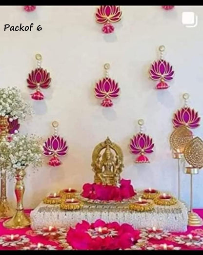Lotus Hanging for Decoration | Handmade Wall Decor with Jhumki Style | Set of 6 Pink/Rani | Export Quality Lotus for Home, Temple & Pooja Room Decor | Diwali, Wedding & Festival Decoration