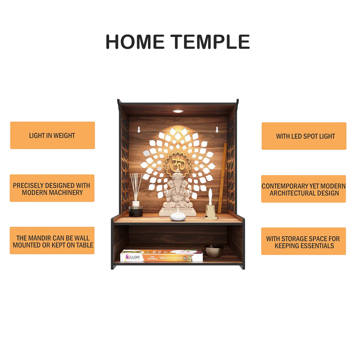 Rellon Industries Temple for Home, Mandir for Home for Pooja Mandir for Home Beautiful Wooden Temple for Home Pooja Stand for Home and Office with LED Spot Light mandir (A4)