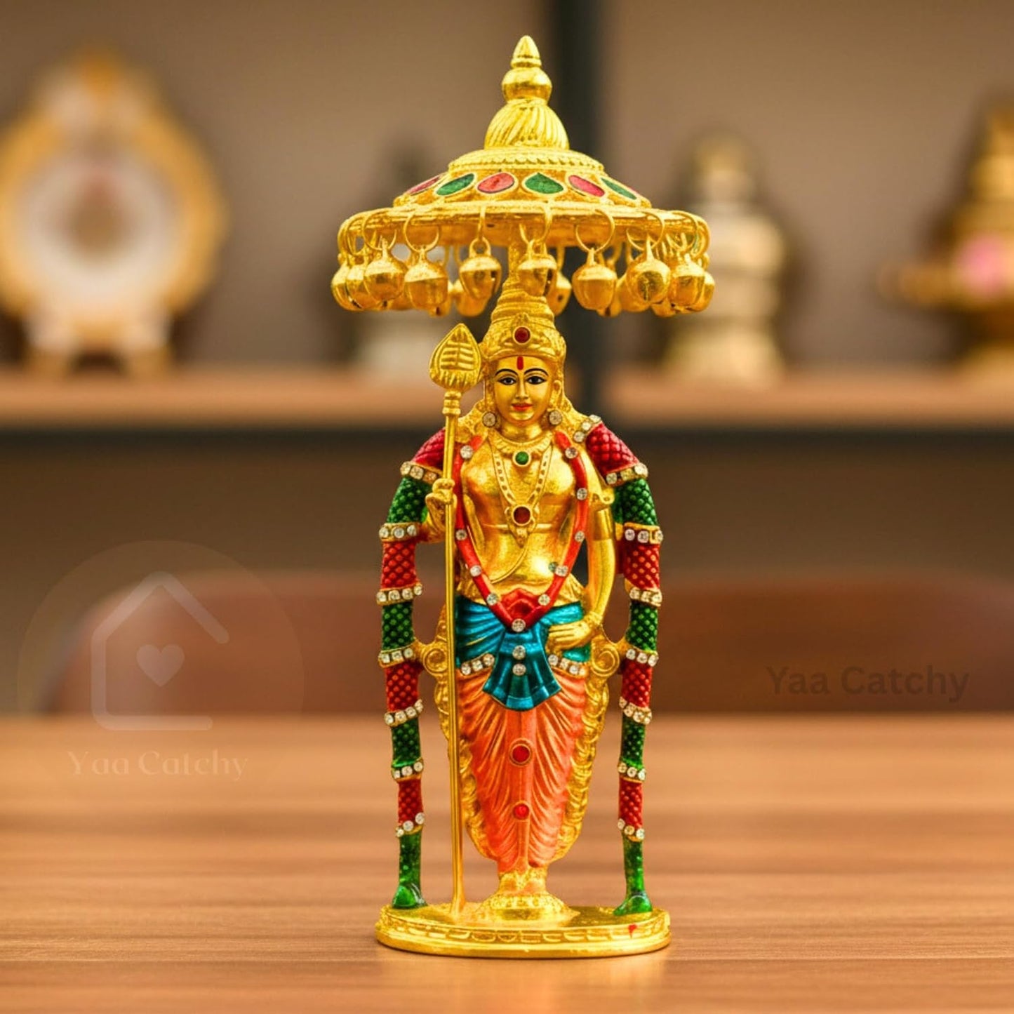 Lord Murugan to Your Car Dashboard Golden Idol with Crystal Stones Pooja & Office Hindu God Kartikeya ensuring a Blessed and Protected Journey. (Umbrella Murugan)