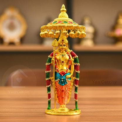 Lord Murugan to Your Car Dashboard Golden Idol with Crystal Stones Pooja & Office Hindu God Kartikeya ensuring a Blessed and Protected Journey. (Umbrella Murugan)