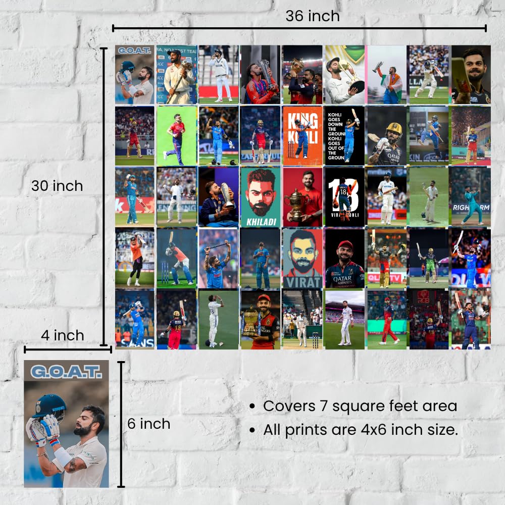 Virat Kohli Posters Wall Collage Kit– 45 Mini Posters (4x6 Inch) With Motivational Quotes | For Room Wall Decoration, Living Room Bedroom Boys Gift Fan| Unframed Wall Decor Covers 30x36 Inch Area