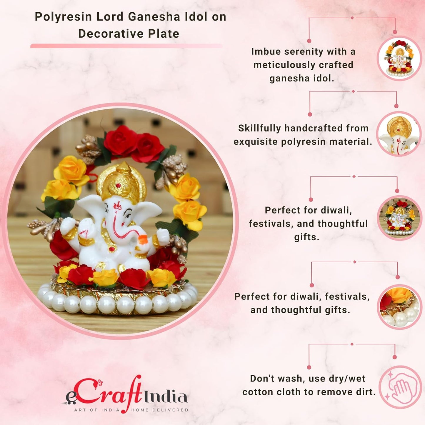 Resin Lord Ganesha Idol On Decorative Rose Flower Plate| Ganesha Idol for Home Decor Car Dashboard| Ganesha Statue| Ganesh Murti| Ganpati Murti God Statue Gift for Diwali Housewarming