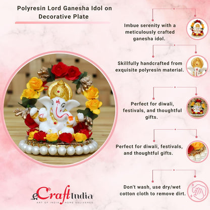 Resin Lord Ganesha Idol On Decorative Rose Flower Plate| Ganesha Idol for Home Decor Car Dashboard| Ganesha Statue| Ganesh Murti| Ganpati Murti God Statue Gift for Diwali Housewarming