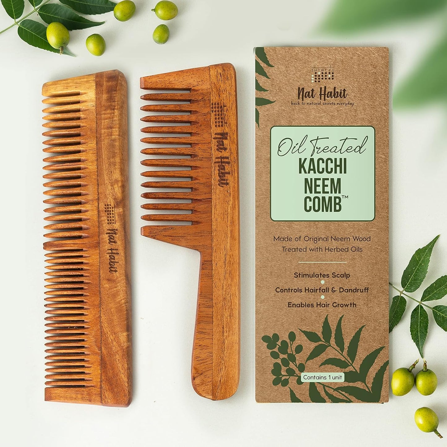 Nat Habit Kacchi Neem Wooden Comb, Soaked In 13 Herbs Neem & Sesame Oil For Multi-Actions - Detangling, Frizz Control & Shine (Dual Tooth & Wide Tooth) Combo Pack of 2