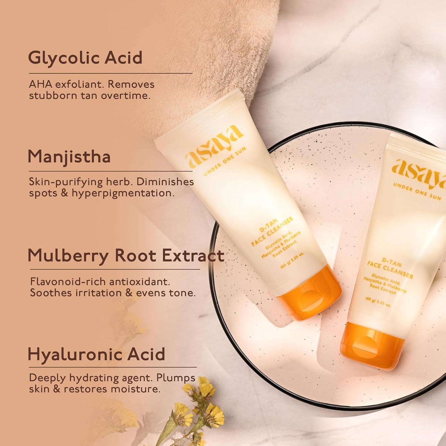 Asaya Detan Face Wash | Glycolic Acid, Berry Extract & Manjistha | Tan Removal Face Cleanser for Men & Women | Normal, Combination or Oily Skin | Gently Exfoliates & Evens Tone | Soap Free | 100 ml