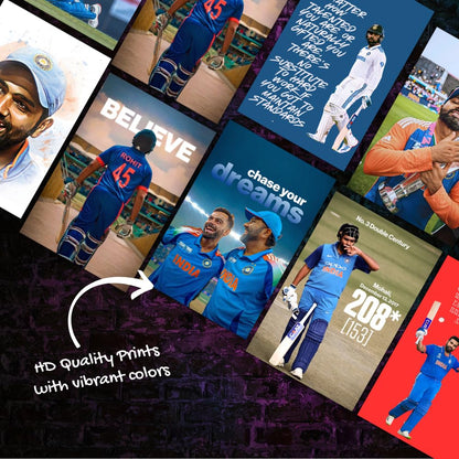 Rohit Sharma Posters Wall Collage Kit– 45 Mini Posters (4x6 Inch) With Motivational Quotes | For Room Wall Decoration, Living Room Bedroom Boys Gift Fan| Cricket Lover Cricketers Wall Decor Covers 30x36 Inch Area