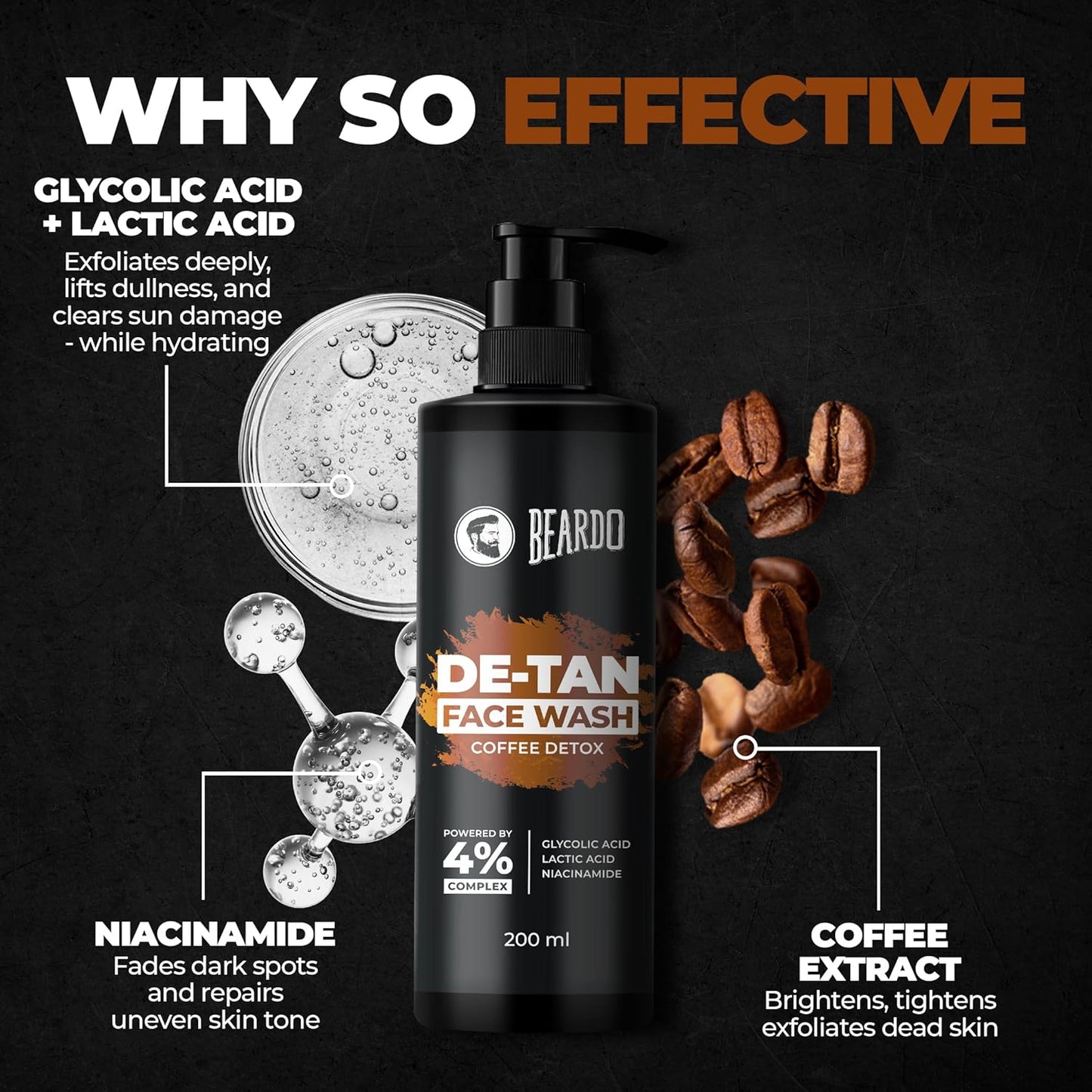 BEARDO DeTan Face Wash for Men, 100ml | Glycolic Acid,Niacinamide & Coffee | Helps to Reduce Tan,Reduce Dark Sports & Pigmentation | Exfoliates & Hydrates for Smooth & Oil Free Skin