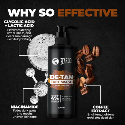 BEARDO DeTan Face Wash for Men, 100ml | Glycolic Acid,Niacinamide & Coffee | Helps to Reduce Tan,Reduce Dark Sports & Pigmentation | Exfoliates & Hydrates for Smooth & Oil Free Skin