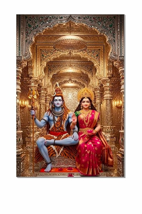 Hindu God Poster for Pooja Room and Home Temple 300 GSM Paper A3 Size, Self Adhesive Laminated Shiv Parvati Wall Decor Poster