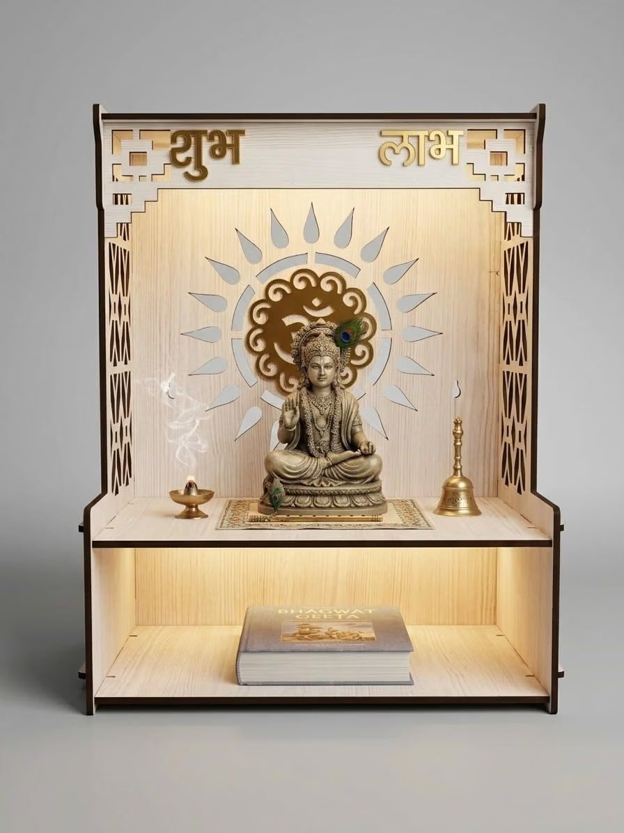 Beautiful Wooden Pooja Stand for Home, Temple, Office, Wall Mounted Puja Mandir with LED Spot Light Size (L- 29 CM, W- 25 CM, H - 37.5 CM)