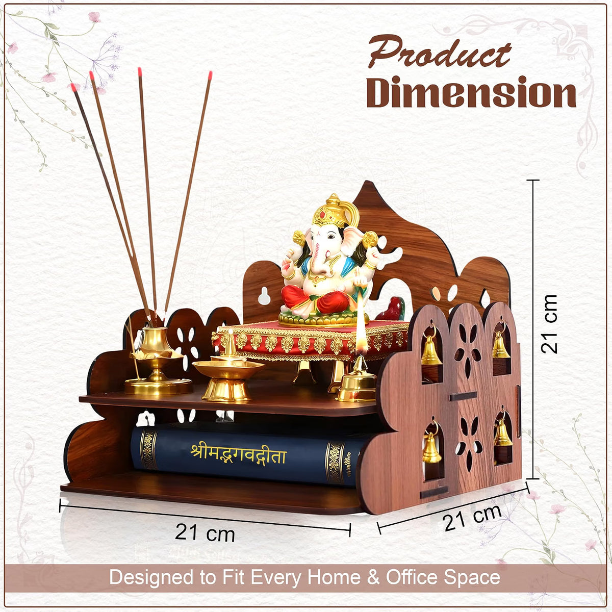 Small Pooja Mandir for Home Wall Mount & Tabletop | Wooden Temple with Bells | Mini Mandir for Office, Home, Daily Worship पूजा & Decor