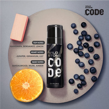 WILD STONE CODE Chrome Long Lasting No Gas Body Perfume For Men, 150Ml - Chrome, Spray