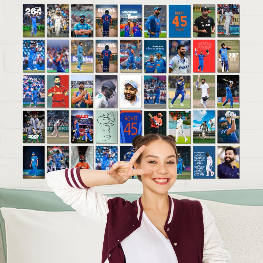 Rohit Sharma Posters Wall Collage Kit– 45 Mini Posters (4x6 Inch) With Motivational Quotes | For Room Wall Decoration, Living Room Bedroom Boys Gift Fan| Cricket Lover Cricketers Wall Decor Covers 30x36 Inch Area