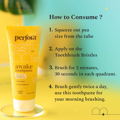 Perfora Awake Toothpaste - Lemon Mint, 300g (3x 100g) | Active Freshness Cavity Prevention | Vitamin Enriched SLS & Fluoride Free Tooth Paste |N-Ha For Teeth Remineralisation |Healthy Gums & Oral Care
