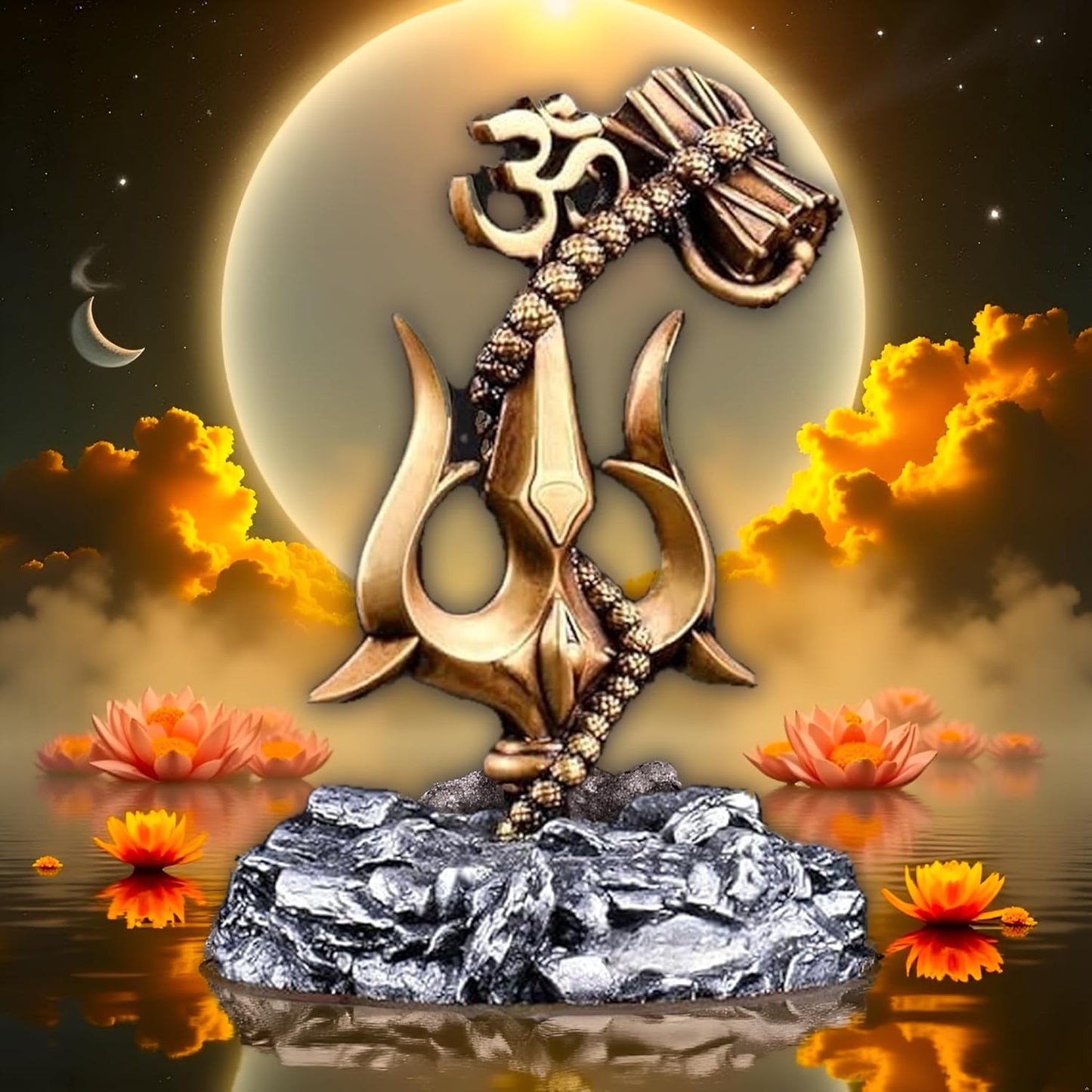 Shiv Trishul with Damru Idol | Mahadev Trishul Showpiece with Om Symbol for Car Dashboard, Home Temple & Office Decor | Lord Shiva Statue Gift Item
