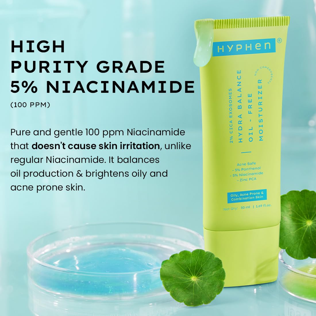Hyphen 2% Cica Exosomes Oil-Free Moisturizer | 10X Deeper Hydration | Lightweight Water Gel with 5% Niacinamide | Controls Oil, Non-Comedogenic | Acne-Prone, Dry & Oily Skin - 50ml