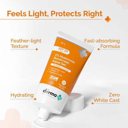 The Derma Co 1% Hyaluronic Sunscreen Aqua Gel SPF 50 PA++++ | Hydrating, Lightweight & Non-Greasy | No White Cast | Broad Spectrum & Blue Light Protection | 80 g