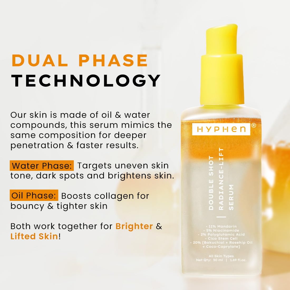 Hyphen 18% Brightening + 20% Collagen Face Serum | Double Shot Serum with 11% Mandarin 5% Niacinamide 2% PGA & Bakuchiol | Winter Skincare | Brightening, Hydrating & Collagen Boost for Dry Skin - 50ml