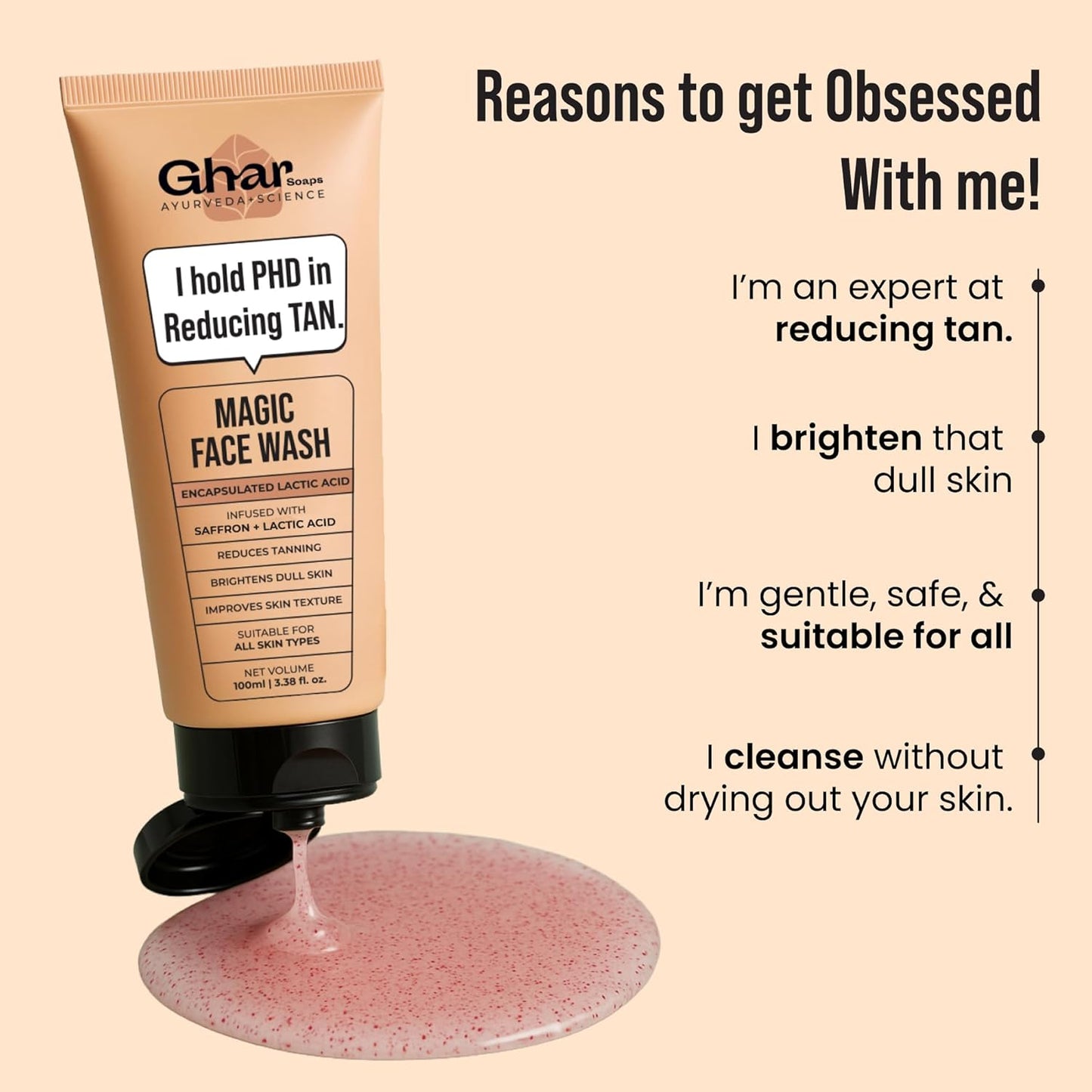 Ghar Soaps Magic De-Tan Face wash With Saffron & Glutathione 100ml | Tan Removal, Brightening and Glowing Skin I For Men & Women (Pack of 1)