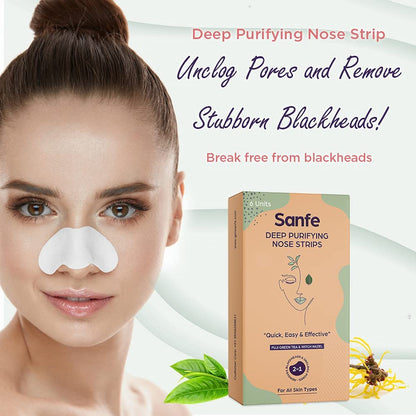 Sanfe Deep Purifying Nose Strips for Women & Men - With Fuji Green Tea & Witch Hazel extracts | Blackheads and cleanses pores (Pack of 6)