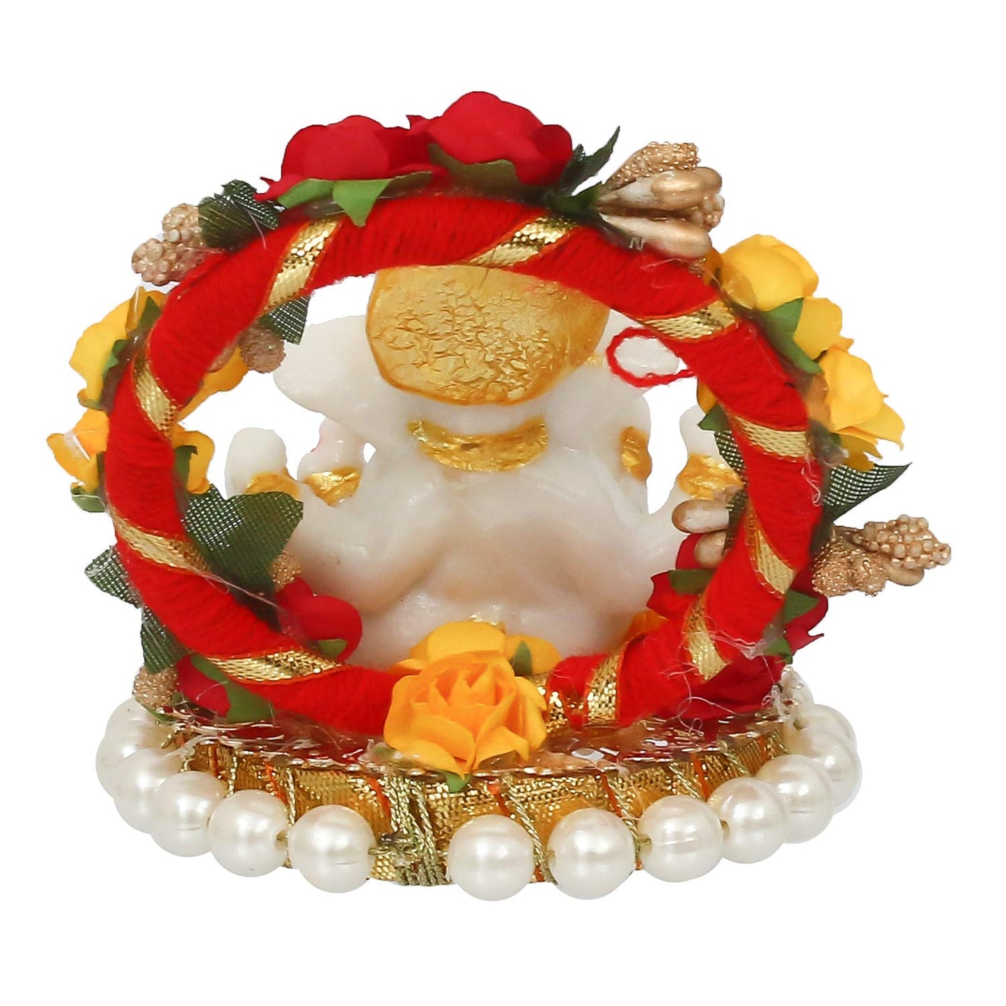 Resin Lord Ganesha Idol On Decorative Rose Flower Plate| Ganesha Idol for Home Decor Car Dashboard| Ganesha Statue| Ganesh Murti| Ganpati Murti God Statue Gift for Diwali Housewarming