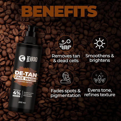 BEARDO DeTan Face Wash for Men, 100ml | Glycolic Acid,Niacinamide & Coffee | Helps to Reduce Tan,Reduce Dark Sports & Pigmentation | Exfoliates & Hydrates for Smooth & Oil Free Skin