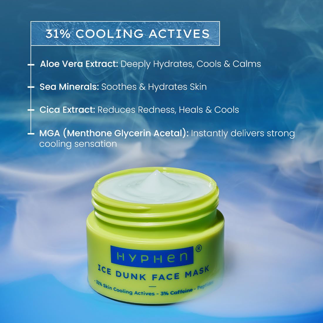 Hyphen Ice Dunk Instant Cooling Face Mask with 31% Skin Cooling Actives | 3% Caffeine - Instant Depuff, Tightening & Pore Reduction | Winter Face Care Routine | Collagen Boost Cryo Therapy Face Pack For Glowing Skin - 50 gm